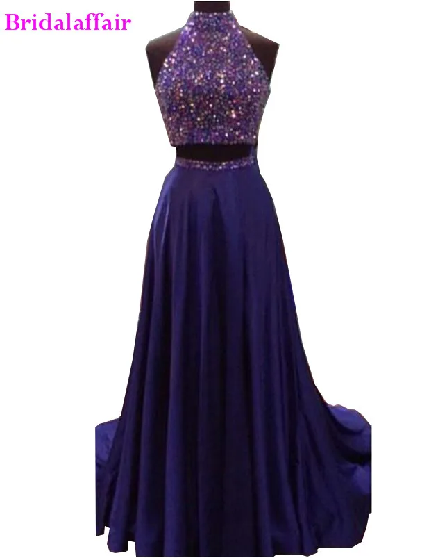 

Fashionable Halter Two Piece Prom Dresses New Charming Pearls Sleeveless Evening Gowns Sexy Backless Formal Dresses Evening Wear
