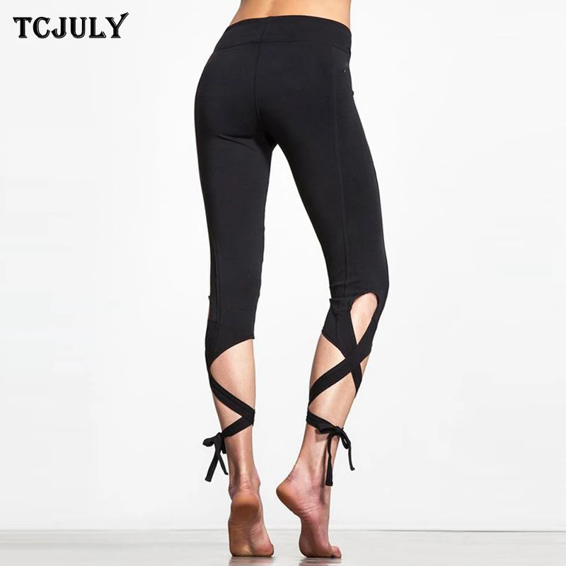 

TCJULY New Criss Cross Tie Up Capris Leggings For Fitness High Waist Flex Push Up Workout Pants Solid Slim Stretch Leggins Women