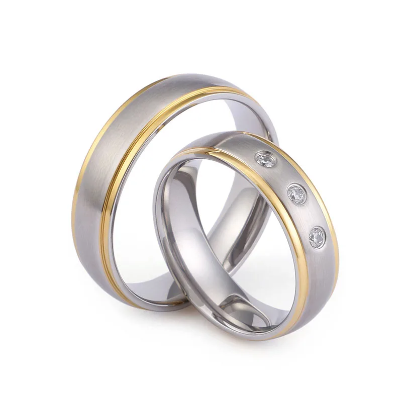 Matte Finished Silver&Gold Color Stainless Steel Couple Rings CZ Stones Wedding Rings for Women Men Anniversary Alliance Jewelry