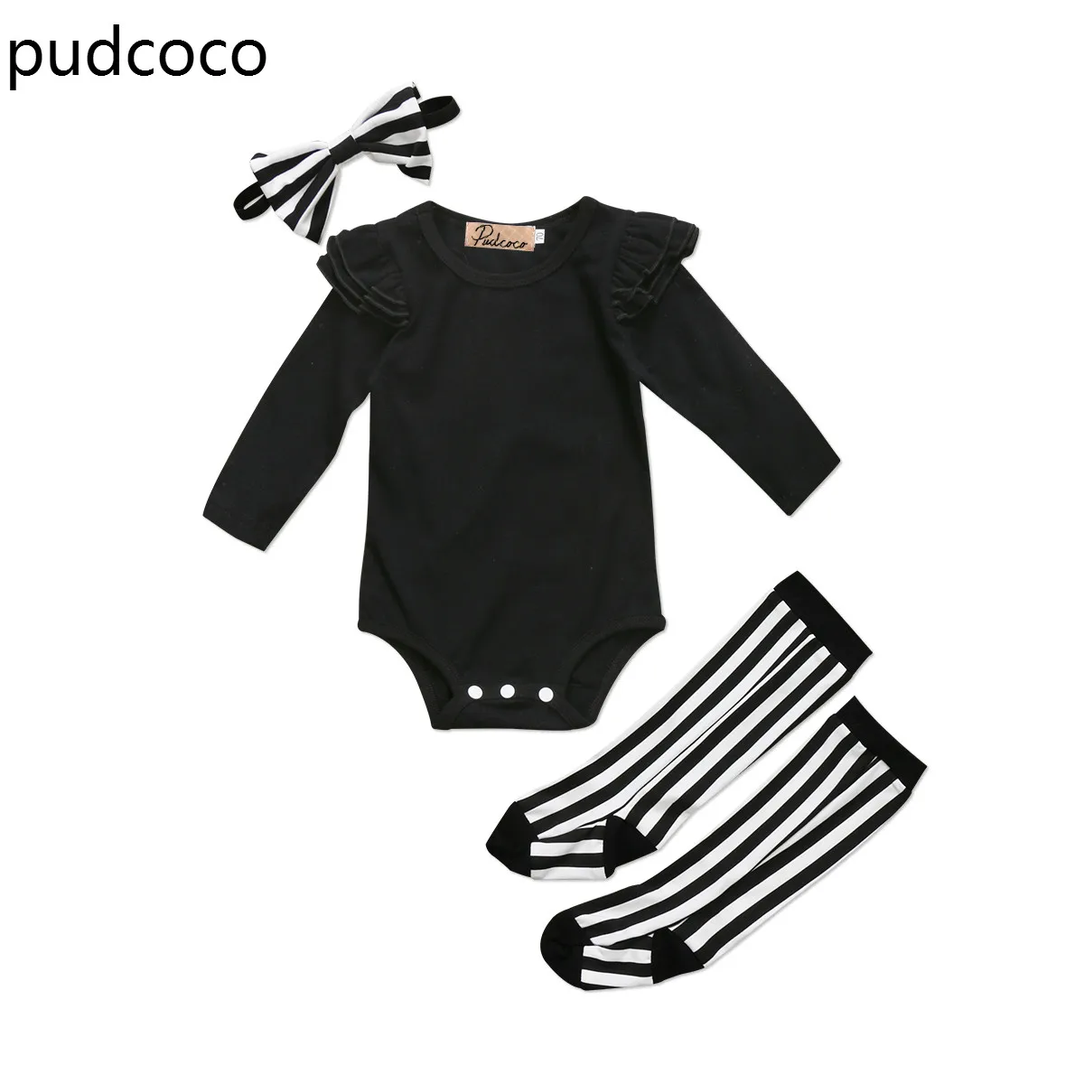 Cotton Newborn Baby Girls Black Romper Jumpsuit+Striped Socks Outfits Long Sleeve Ruffled