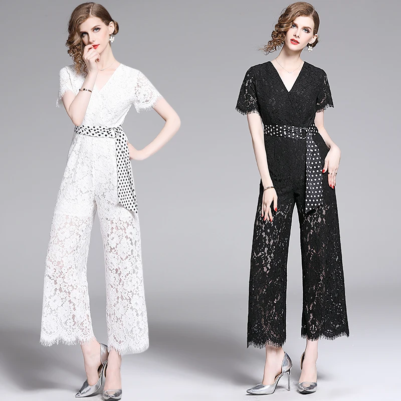 

Female Elegant Loose Lace Jumpsuit Trousers Fashion V-Neck Sexy Hollow Out Long Pants Women Wide Leg Jumpsuit White Black