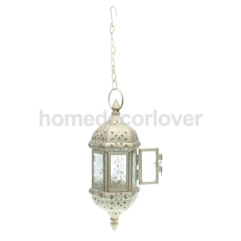  2PCs Moroccan Style Metal & Glass Teal Light Candle Holder Hanging Candleholder for Wedding Home Coffee Shop Decor (White)