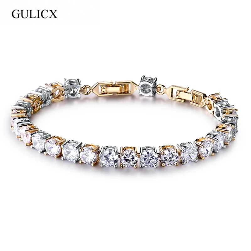 

GULICX Fashion Gold-color CZ Imitation Crystal Jewelry Clear Round Cubic Zircon Stone Chain Link Bracelets For Women