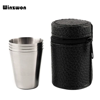 

4Pcs/set Polished 30ML Mini Stainless Steel Shot Glass Cup Wine Drinking Glasses With Leather Cover Bag For Home Kitchen Bar