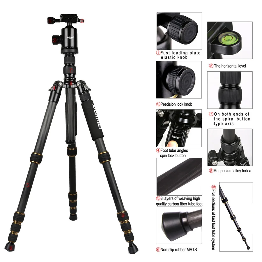

Original Zomei Z699C Camera Stand Monopod For Digital DSLR Camera Top Quality Carbon Fiber Cameras Tripod Stand Ball Head Holder