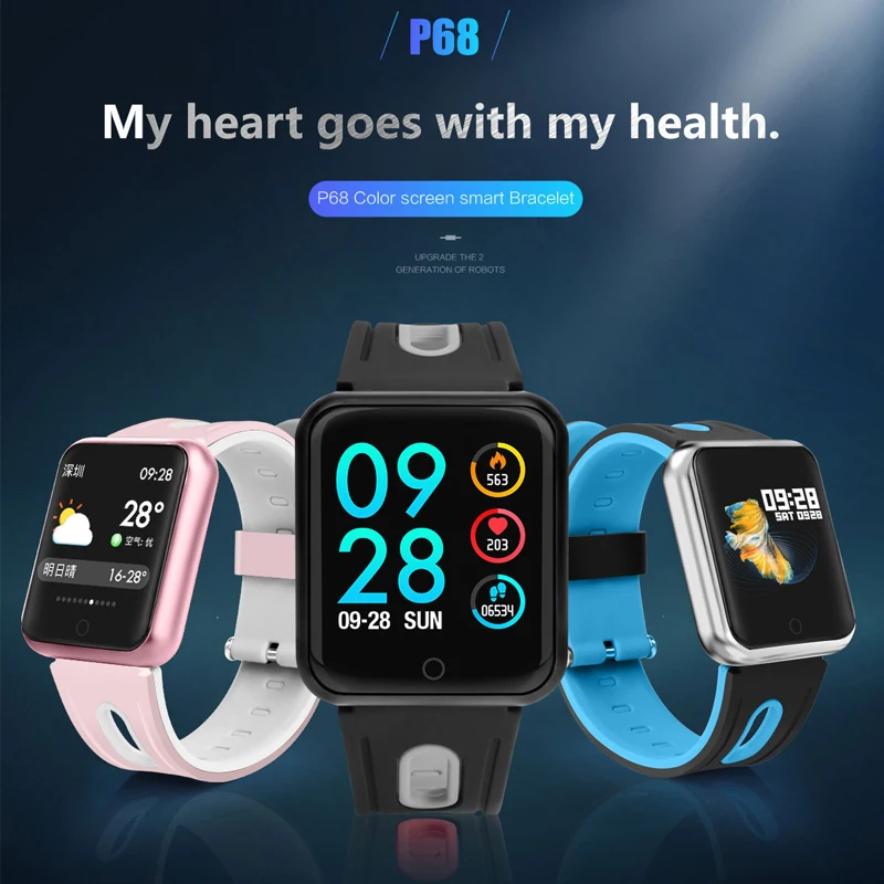 Смарт-часы P68 band IP68 Водонепроницаемые умные часы динамический Монитор артериального давления сердечного ритма для iPhone Android спортивные фитнес-часы