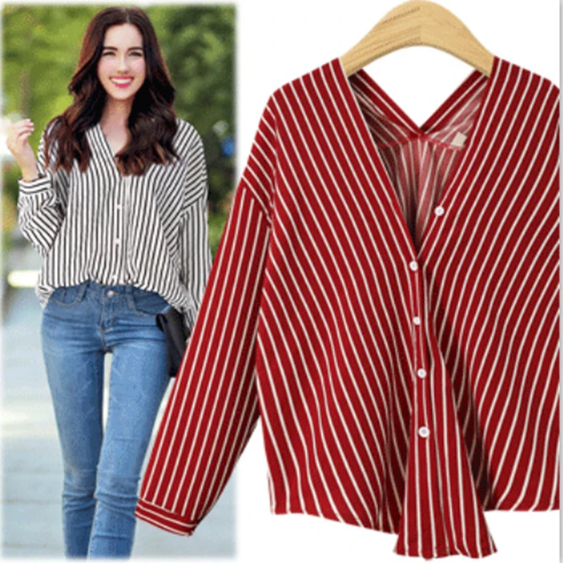 Женская рубашка с v-образным вырезом полосатая Свободная рубашка с ...