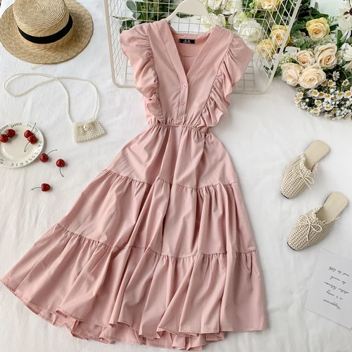 Новое модное женское французское платье с высокой талией и v-образным вырезом, гофрированное платье без рукавов, популярное летнее платье - Цвет: Розовый