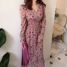 BGTEEVER, vestido de mujer con cintura elástica con estampado Floral y cuello en V a la moda, Vintage, manga acampanada, botones delanteros, vestidos largos femeninos acampanados