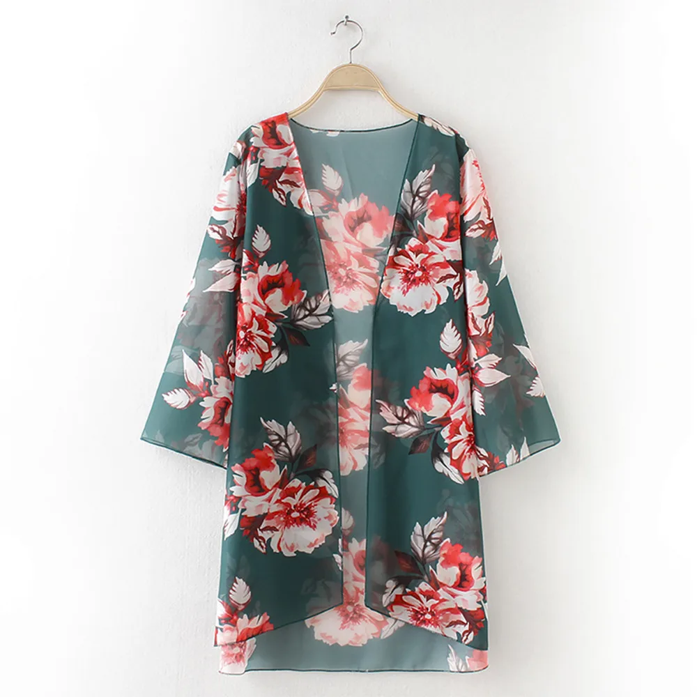 Women Shirt Kimono Boho Cardigan Vintage Floral Print Blouse Loose Shawl Cape Knits Bohemian Coat Jacket Two Color Blouses