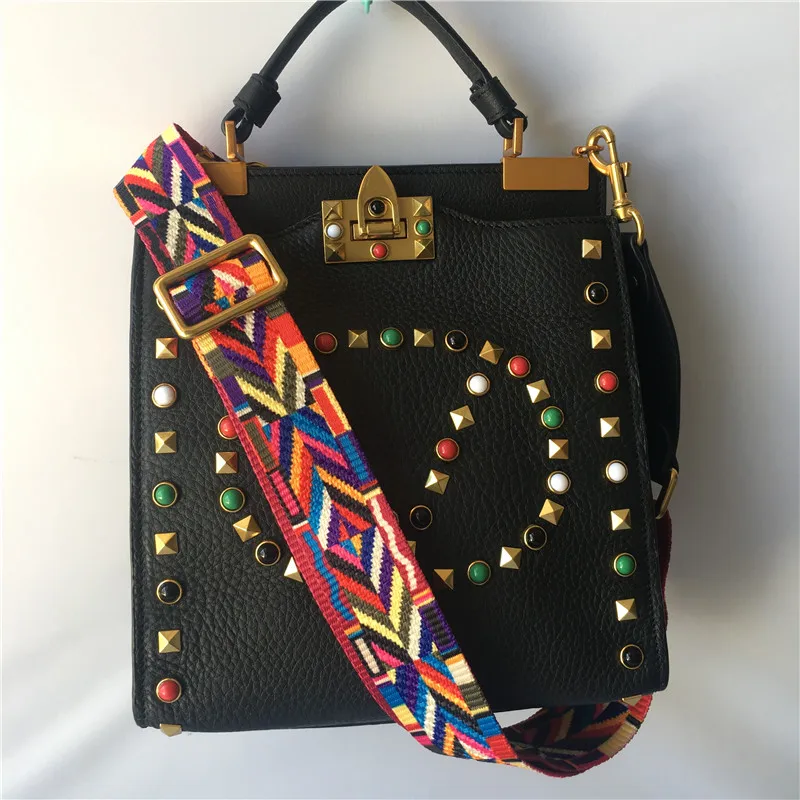 

Leather female handbag fashion color metal rivet wide shoulder strap diagonal cross bag large capacity ladies casual bag