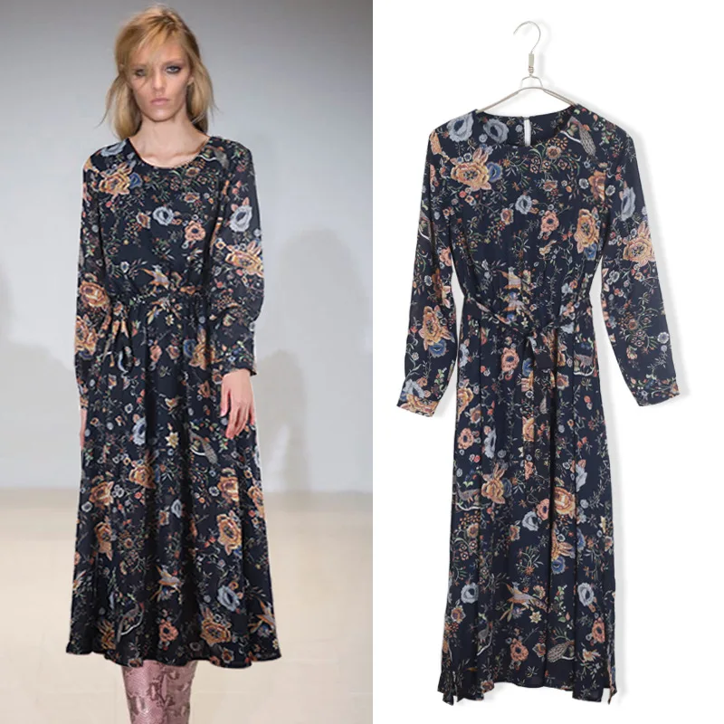 

2017 Spring Autumn Fashion Floral New Dresses Large Size Women Printed Chiffon Elastic Waist Slim Long Sleeve Dress