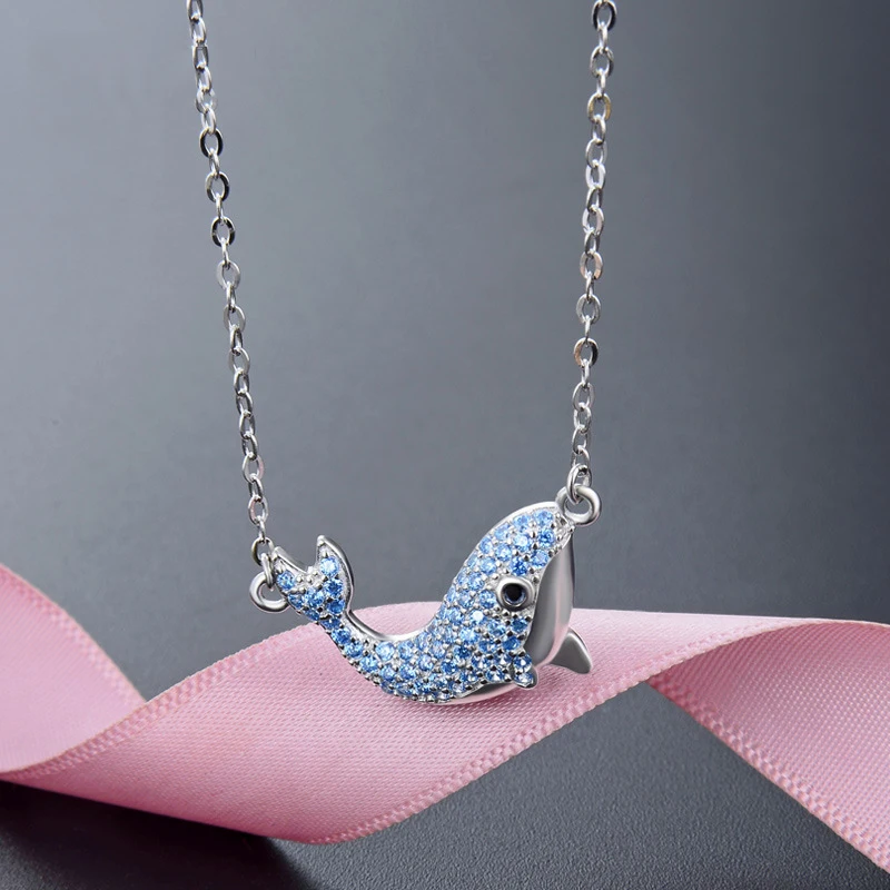 Qevila New Fahsion Necklaces Jewelry  Zircon Whale Pendant Necklaces For Women Silver Chain Choker Necklace (2)