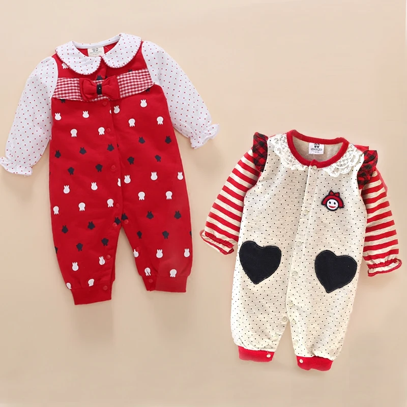 Цветочный комбинезон для маленьких девочек, красный костюм для подвижных игр с манжетами, комбинезон, Одежда для новорожденных