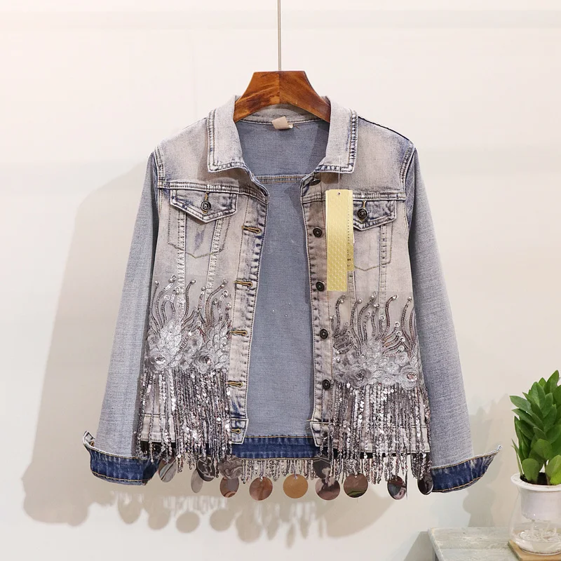 

Spring Autumn New Fashion Tassel Sequins Denim Jacket Women Beading Slim Jeans Jacket Ladies Basic Coat Big Size Vintage Outwear