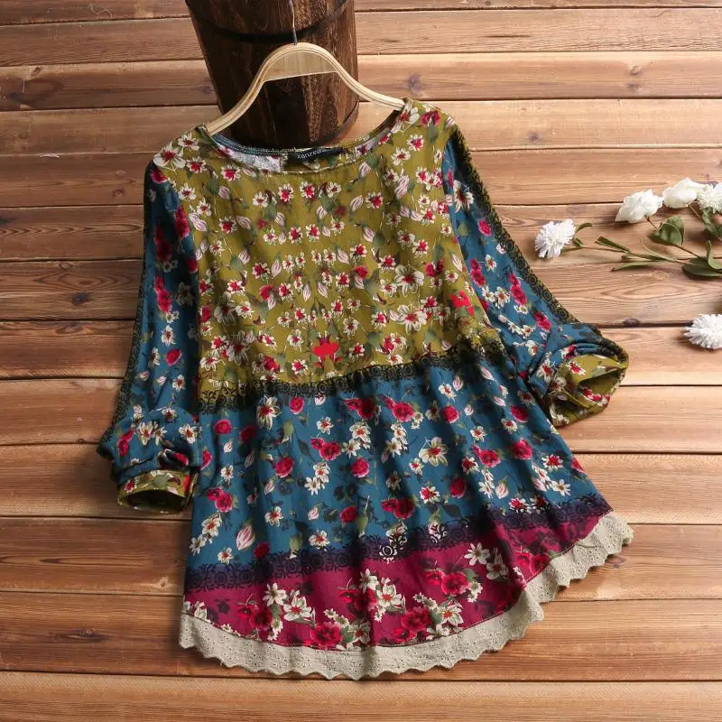 FREE SHIPPING Women Vintage Cotton Linen Top Spring Floral Printed Blouse Long Sleeve Shirt Casual Tunic Lace Patchwork Blusa JKP2754