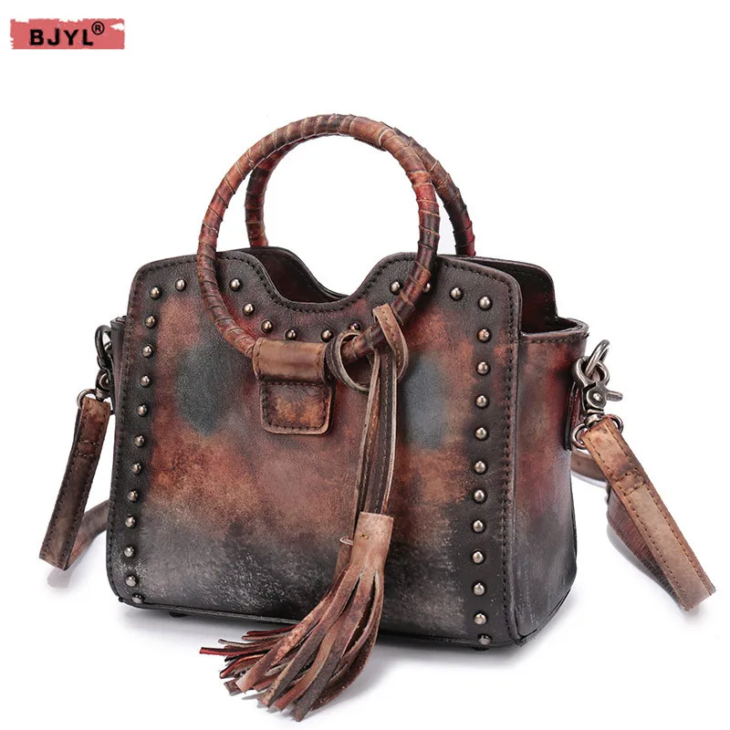 

BJYL Women Bags Vintage handmade genuine leather female handbag first layer leather shoulder rivet small square messenger bag