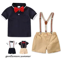 Детские комплекты одежды с бантом для мальчиков, Высококачественная короткая футболка для маленьких джентльменов+ комбинезон, штаны, одежда для маленьких мальчиков, повседневная детская одежда