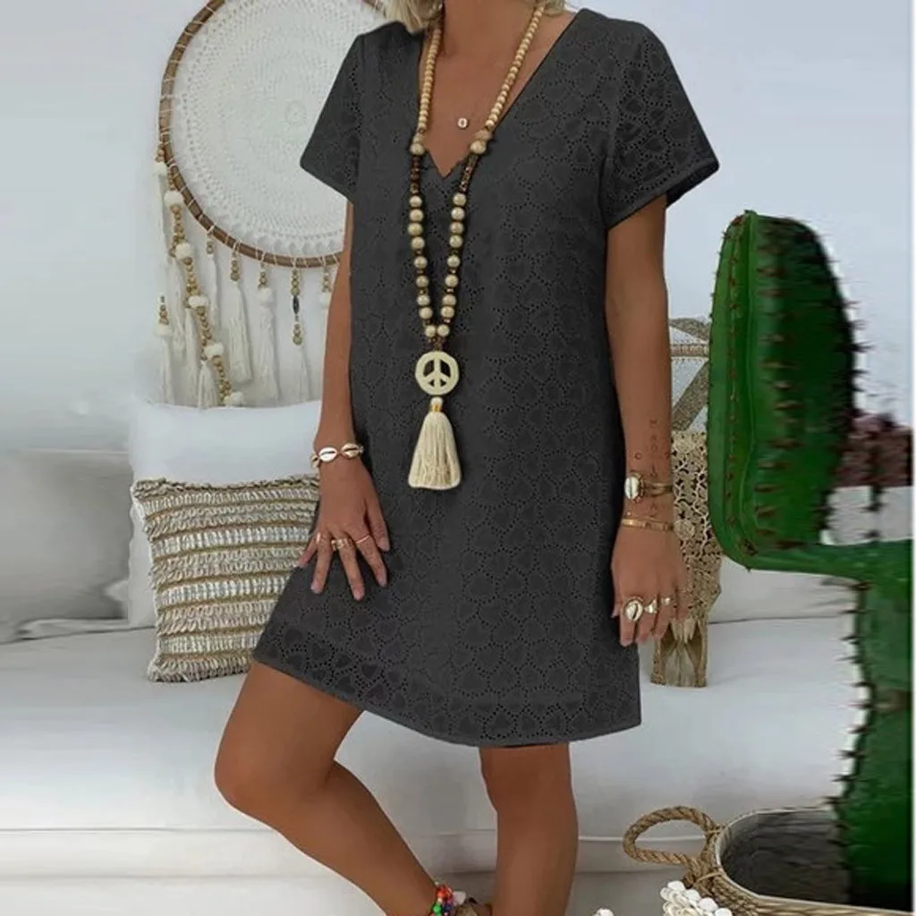

Feitong Ladies Solid Boho Shirt Dress Vestido Women Summer V-neck Short Sleeve Loose Mini Dress Women Vestidos S-XXL Verano 2019
