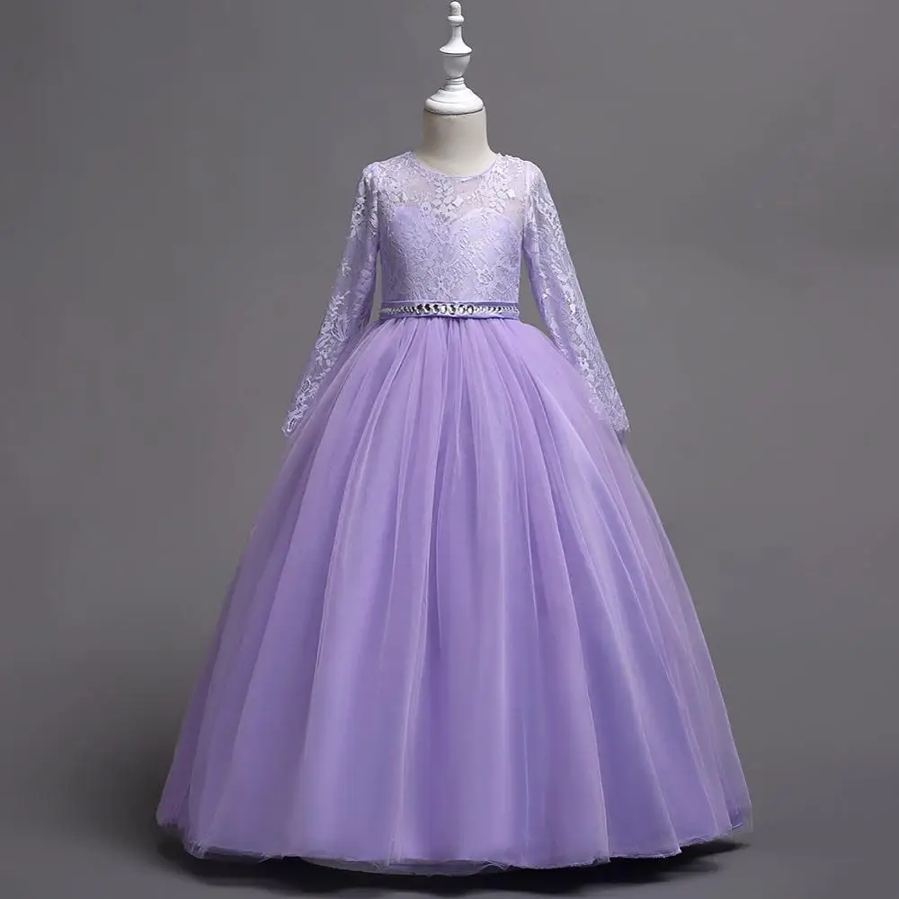 Для девочек-подростков кружевное длинное платье принцессы для девочек на свадьбу, день рождения, Вечеринка праздничный костюм vestidos Bling платья для детей 10 Для детей 12–14 лет - Цвет: Лаванда