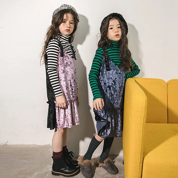 

6396 Princess Striped Baby Girls Clothing Set 2P: Top T-shirt + Strap Dress Wholesale Autumn Fall Baby Girls Clothes 110-160#