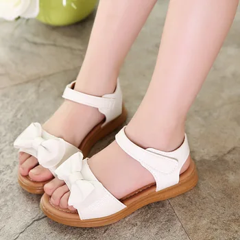 

Girls Sandals Melissa Soft Leather Princess Bowtie with Cow Muscle Sole Wearproof and Antiskid Flat Heels Kids Shoes in Summer