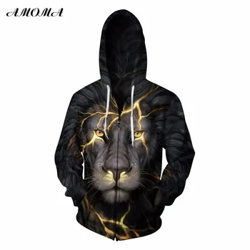 

AMOMA Unisex Realistic 3d Digital Print Pullover Zip Hoodie Sweatshirt Gold Lion
