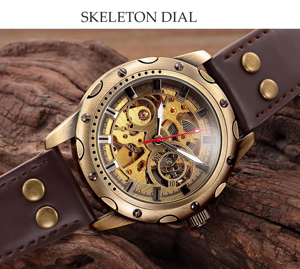 SHENHUA Retro Bronze Skeleton Mechanical Watch Men Automatic Watches Sport Luxury Leather Watch Relogio Masculino