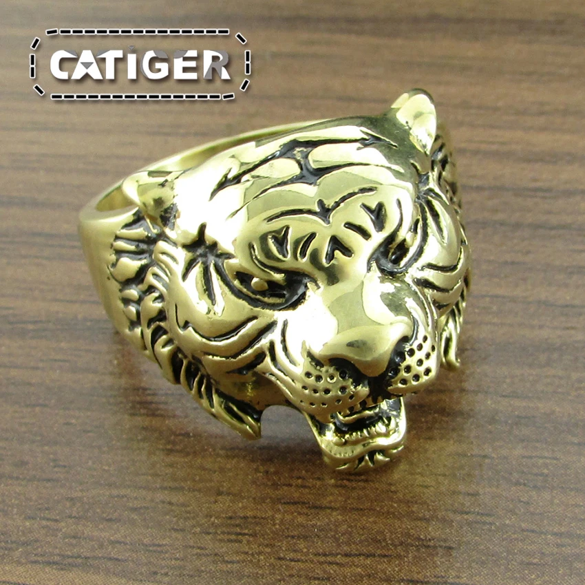 cheap Antique Gold color Plated Color 316L Stainless Steel Tiger Ring Men Punk Fashion 18mm Hip Hop Mens King Tiger Ring Male Jewelry