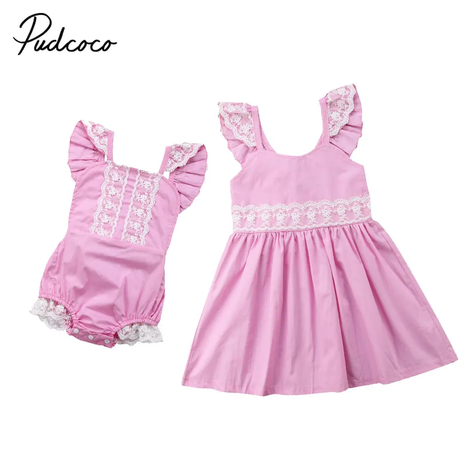 

2018 New Summer Kid Baby Girls Sister Matching Pink Lace Clothes Romper Bodysuit Dress Outfits