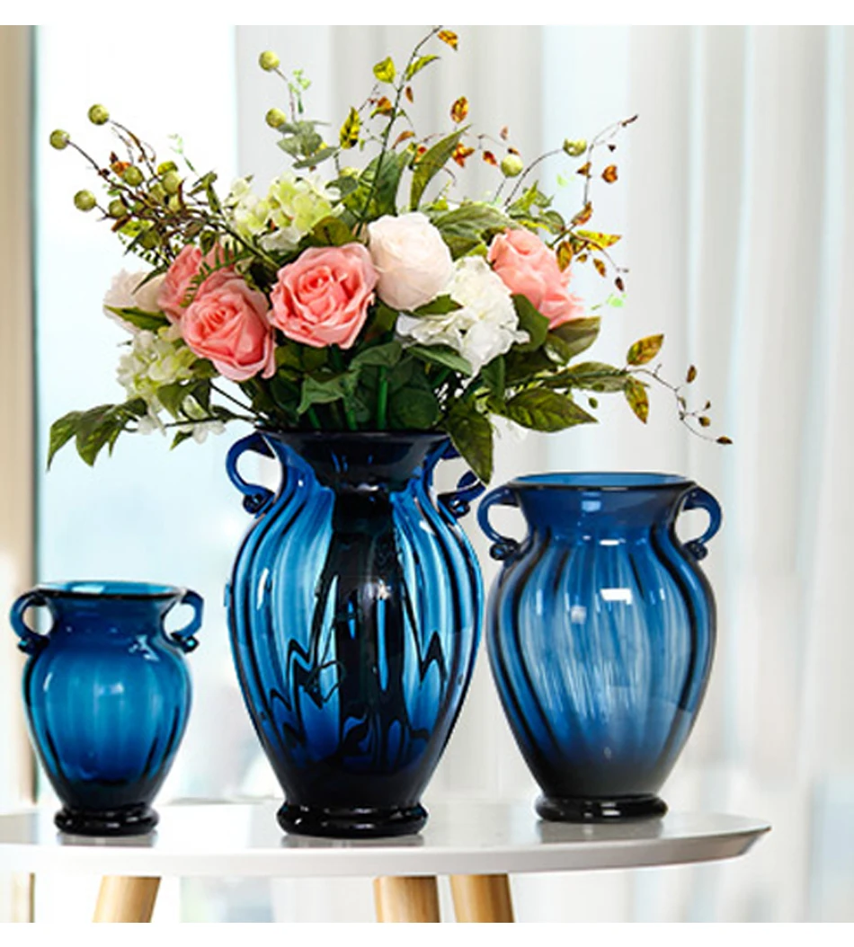 Европейская стеклянная ваза, бинауральные голубые вазы, настольная, для гостиной, гидропоника, Цветочная композиция, контейнер, домашние декоративные вазы
