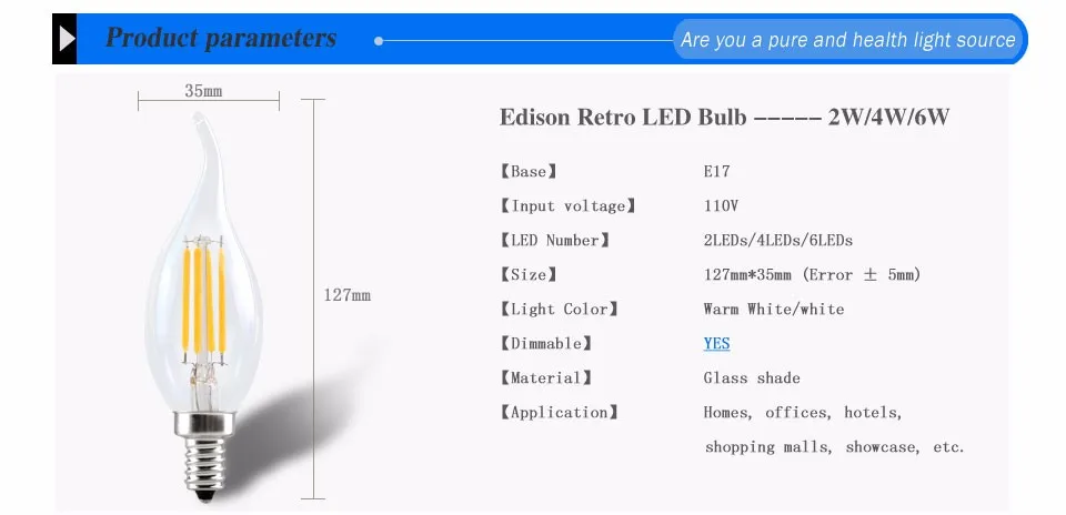 C35 2 Вт, 4 Вт, 6 Вт, E17 светодиодный Светодиодная лампа накаливания 110 V 120 V Ретро свеча Эддисона лампа COB Белый теплый хрустальная люстра декоративное освещение