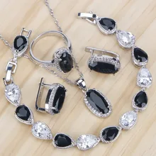 Свадебные черные кубические циркония свадебные ювелирные наборы для женщин костюм серебро 925 ювелирные изделия с камнем Серьги Браслет Кольцо ожерелье набор