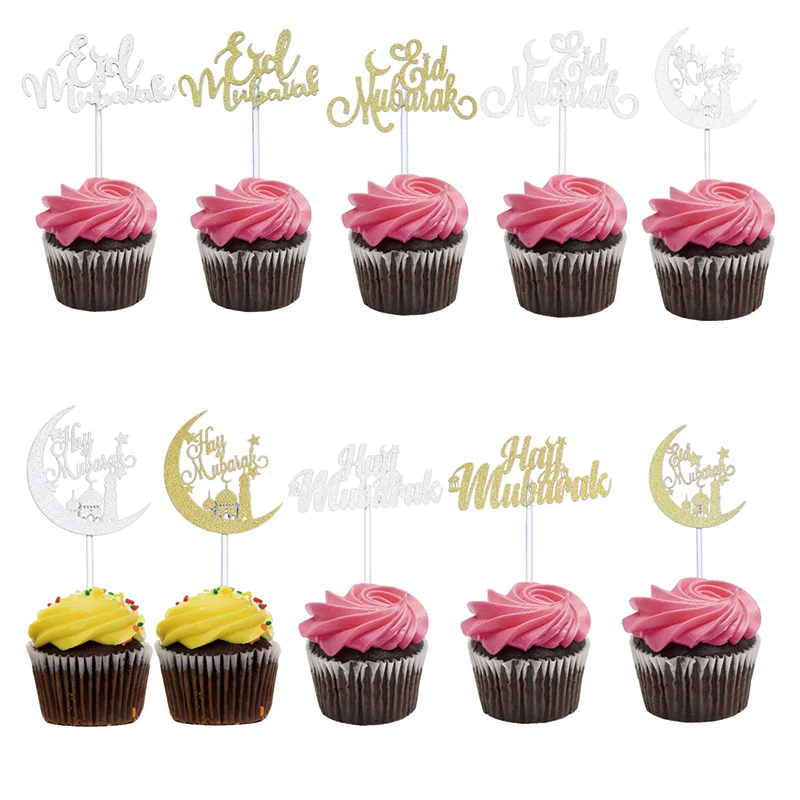 

50pcs Gold Silver Eid Mubarak Cupcake Toppers, Muslim Umrah Mubarak Party Decoration, Eid Party Supplies, Glitter Cake Flags