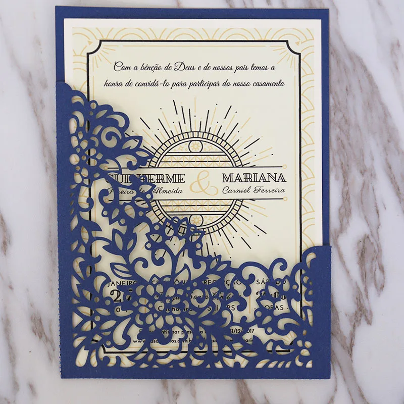 

50pcs Dark blue Pocket Envelope Wedding Invitation,laser cut custom invitations, personalized greeting card