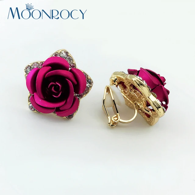 Moonrocy Free Shipping Fashion Rose Gold Color Red Blue Purple Moonrocy Free Shipping Fashion Rose Gold Color Red Blue Purple Crystal Earrings Clip Flower