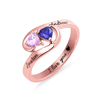 

AILIN Custom Promise Rings Two Heart Birthstones Couple Rings In Rose Gold Color For Her Engagement Rings In Size 5-12
