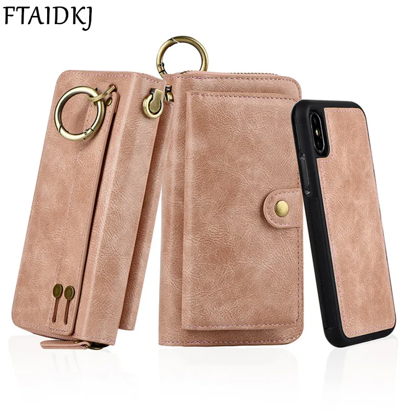 

FTAIDKJ Multifunction PU Leather Zipper Wallet Card Case For iPhone XS X 7 8 Plus 6 6S Plus Removable Filp Cover Purse Handbag