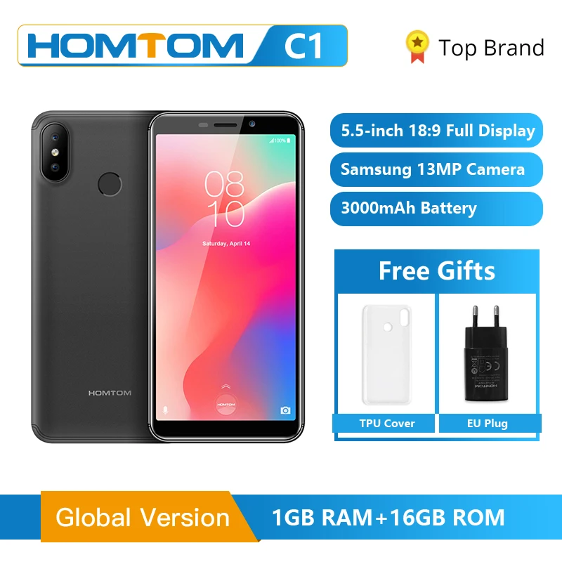  Original HOMTOM C1 1GB RAM 16GB ROM Quad Core Mobile Phone 5.5 inch 18:9 Full Display 13MP Rear Cam