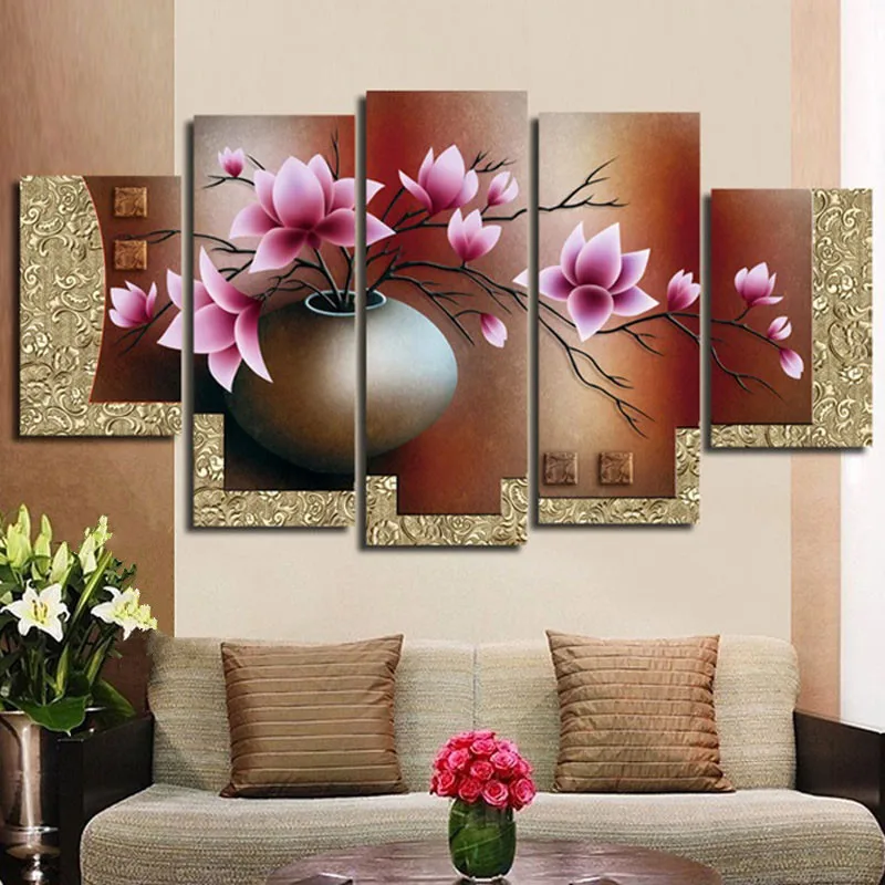 

Modern Abstract Home Decor Hand-painted Vase Flowers Oil Painting Acrylic Floral Paintings Large 5 Panel Canvas Wall Art Picture