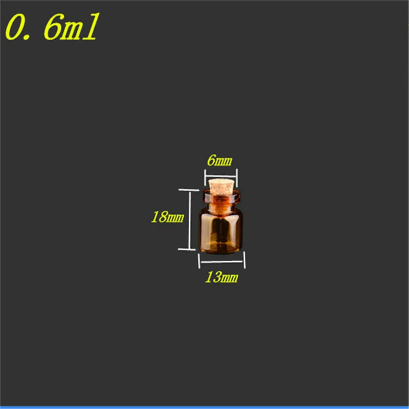 Mini Brown Glass Bottles with Cork, Empty Tiny Glass Vials Jars, Small Gift Bottle, 13*18*6mm, 0.6mL, 100 PCs/Lot