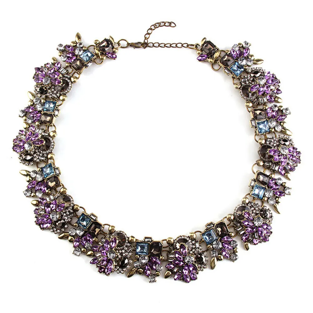 Girlgo Мода Бохо Кристалл Заявление ожерелья для мужчин для женщин яркий горный хрусталь Чокеры и кулон Макси Свадебные украшения - Окраска металла: purple