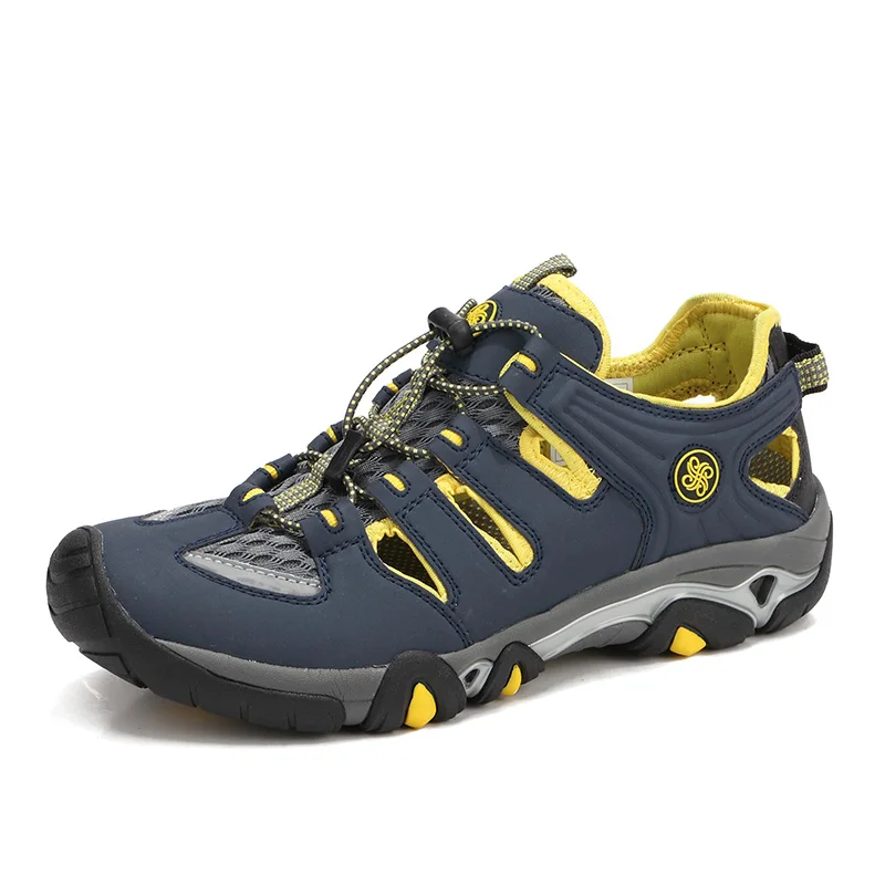 Socone/Коллекция года; мужские спортивные треккинговые сандалии; водонепроницаемая обувь; дышащая кожаная обувь; прогулочная водонепроницаемая обувь; пляжные сандалии - Цвет: Navy Yellow
