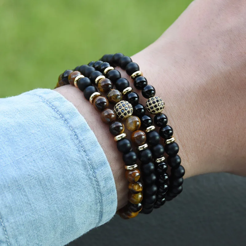 

2 Pcs/Set Luxury CZ Paved Bracelet Sets Charm 6mm Natural Stone Beads Couple Braslet For Male Hand Jewelry Accessories