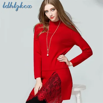 

Solid Color Long-sleeved Dress Women 2018 Autumn-winter New Fashion Sexy Lace Stitching Mini-dress Black Red Colors Dresses CX66