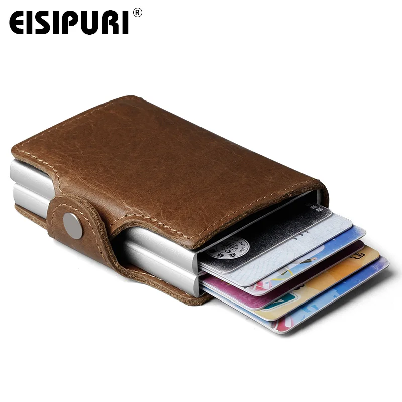 EISIPURI Men Genuine Leather double Metal Credit Card Holder Aluminium RFID Blocking Wallet Hasp Mini Vintage Wallet Hold Cards wallet card holder credit card holder
