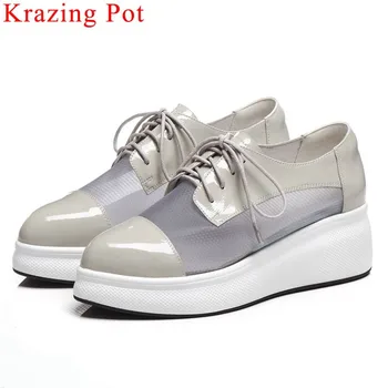 

Krazing Pot natural leather mesh pointed toe lace up sneakers thick bottom flat platform simple style women vulcanized shoes L22