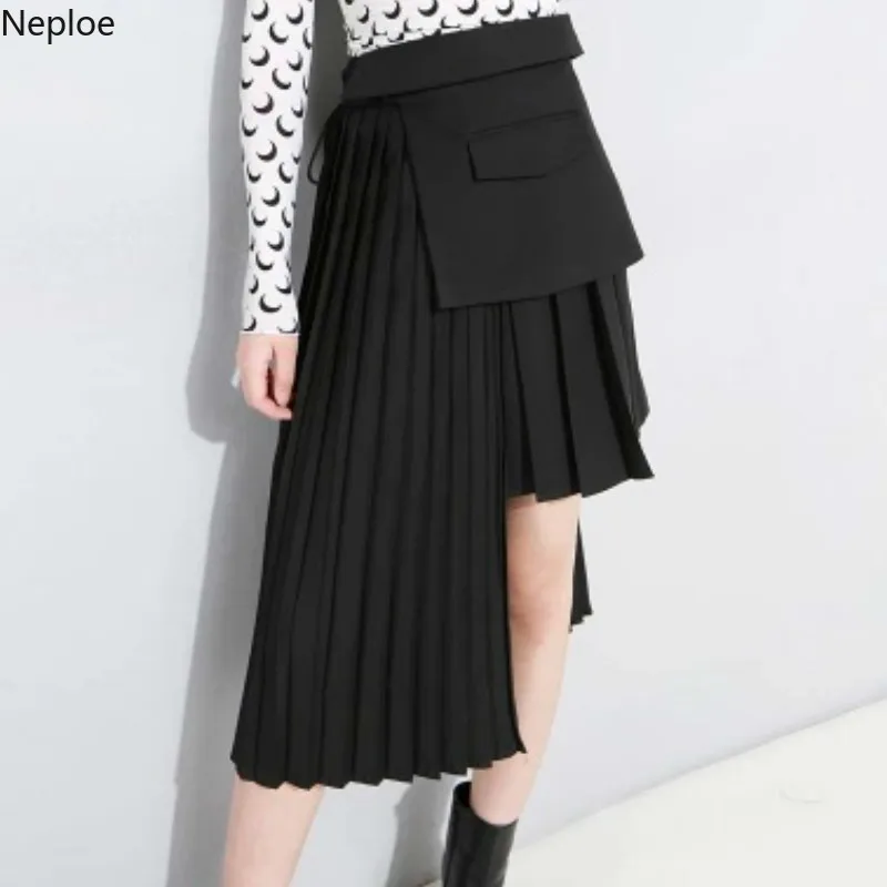 

Neploe Irregular Pleated Women Skirts Summer 2019 Solid Patchwork Bottoms New Fashion Drawstring Skirt 43507