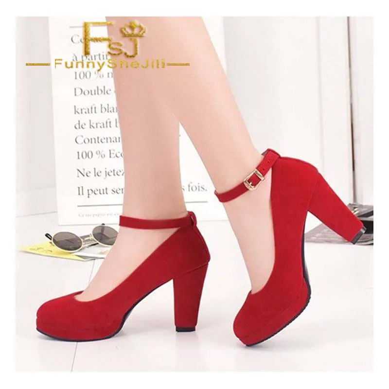 Red Ankle Strap Heels Suede Chunky Heel Pumps Spring Summer Autumn ...