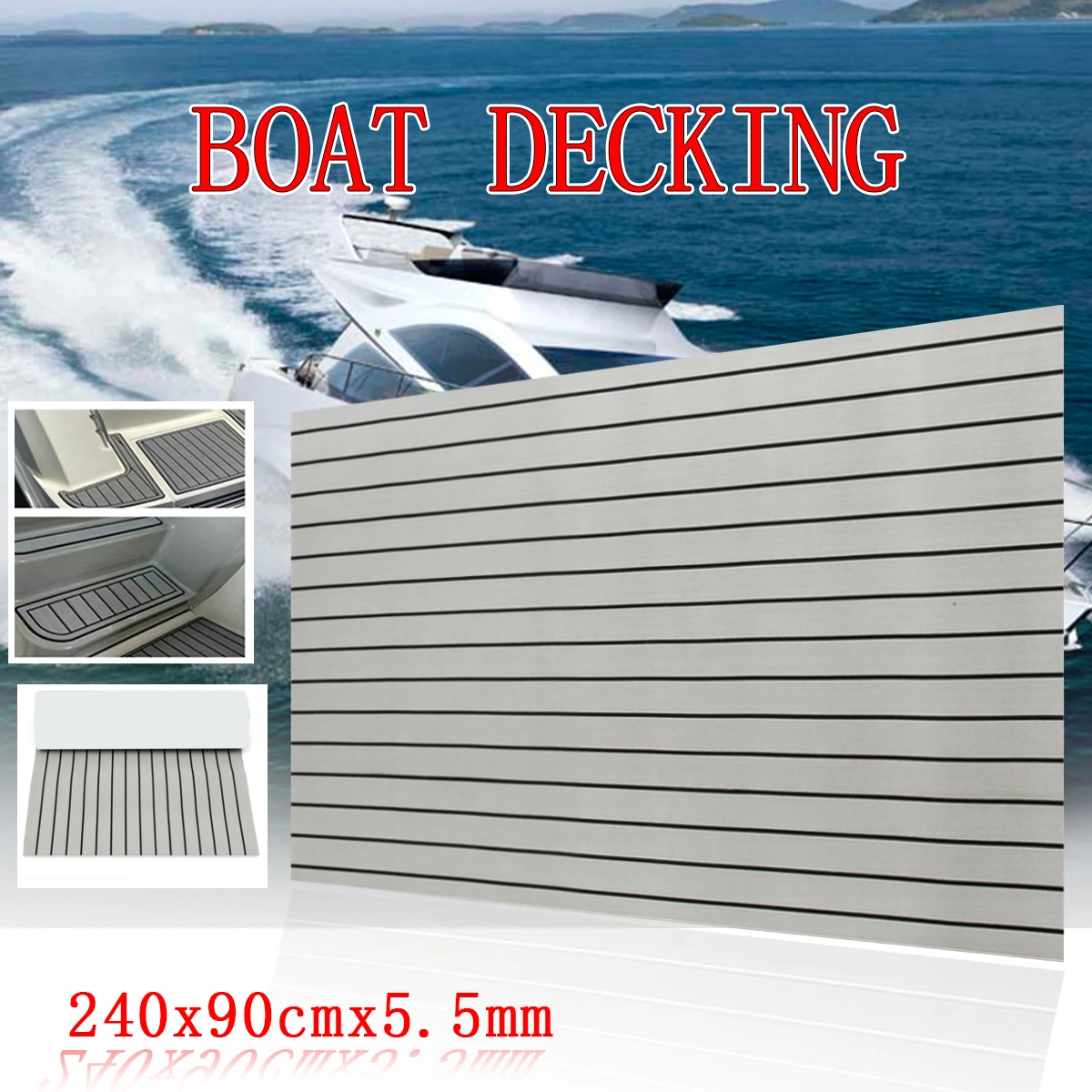

90x240cm Self Adhesive EVA Foam Teak Sheet Dark Brown Boat Yacht Synthetic Decking Foam Floor Mat 5.5mm Gray With Black Line